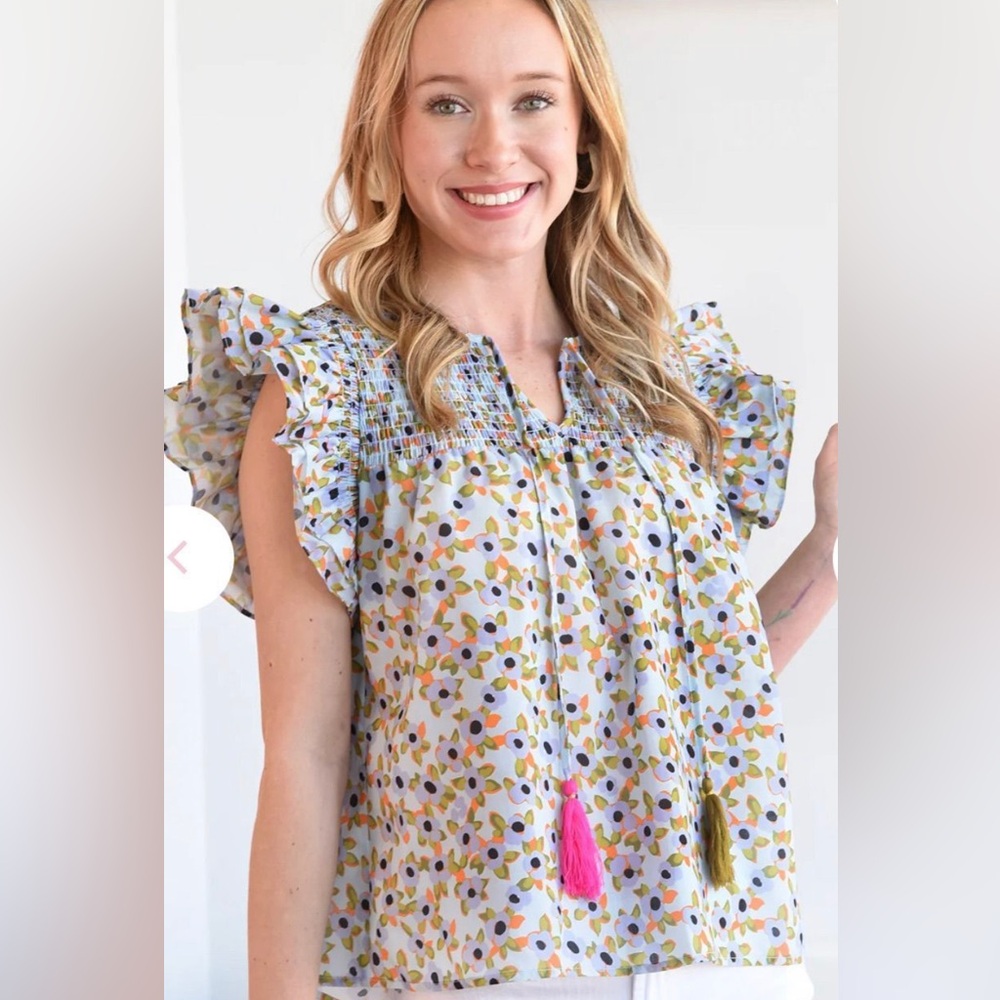 THML White Floral Smocked Flutter Sleeve Blouse with Tassels